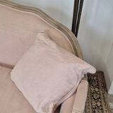 Louis XV style bench sofa in pink fabric and burlap
