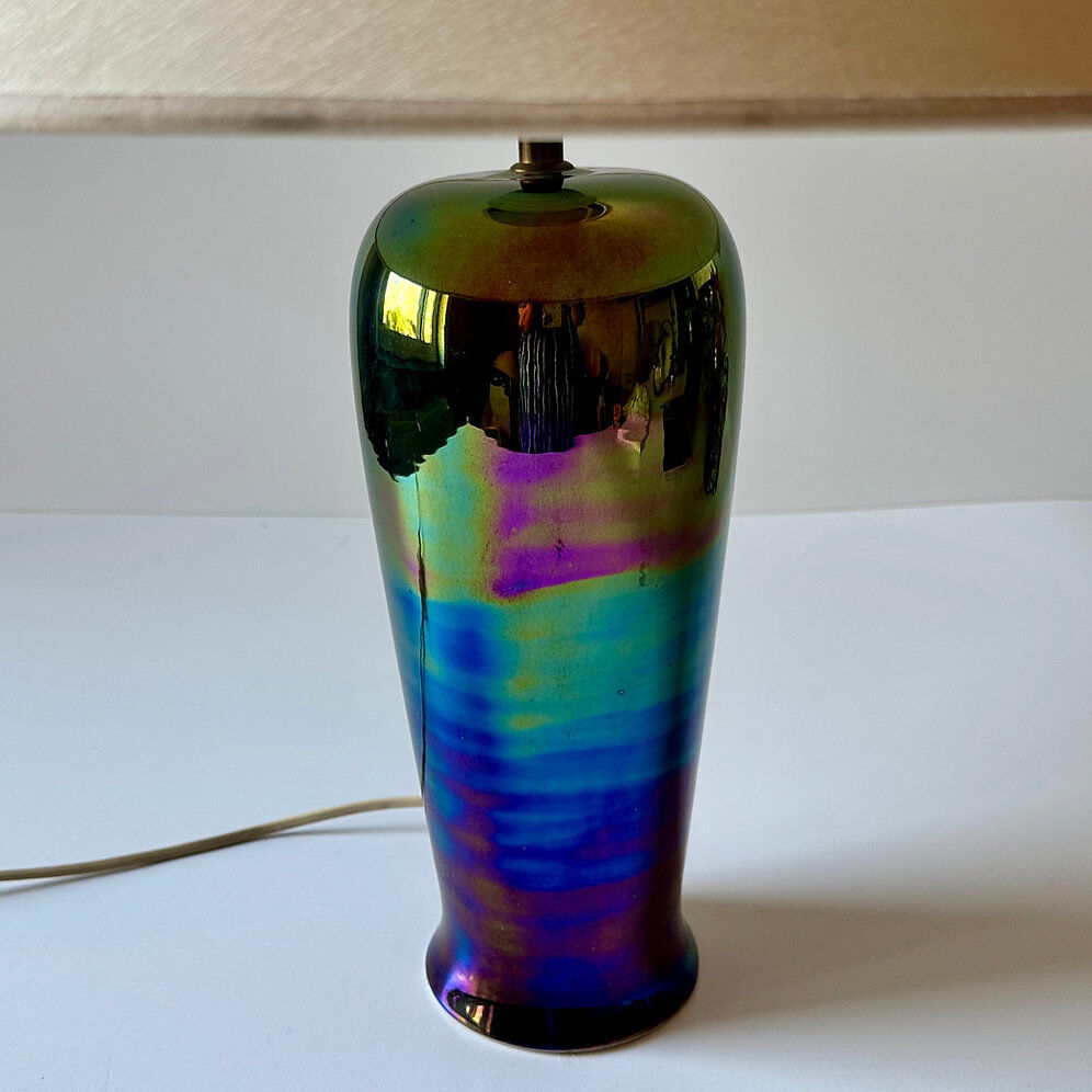 Vintage lavender iridescent ceramic table lamp, 1980s.