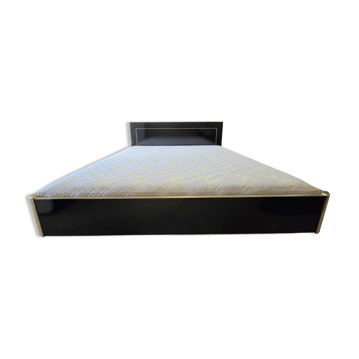 Black lacquered double bed with brass, Maison Roméo Paris, 1970s