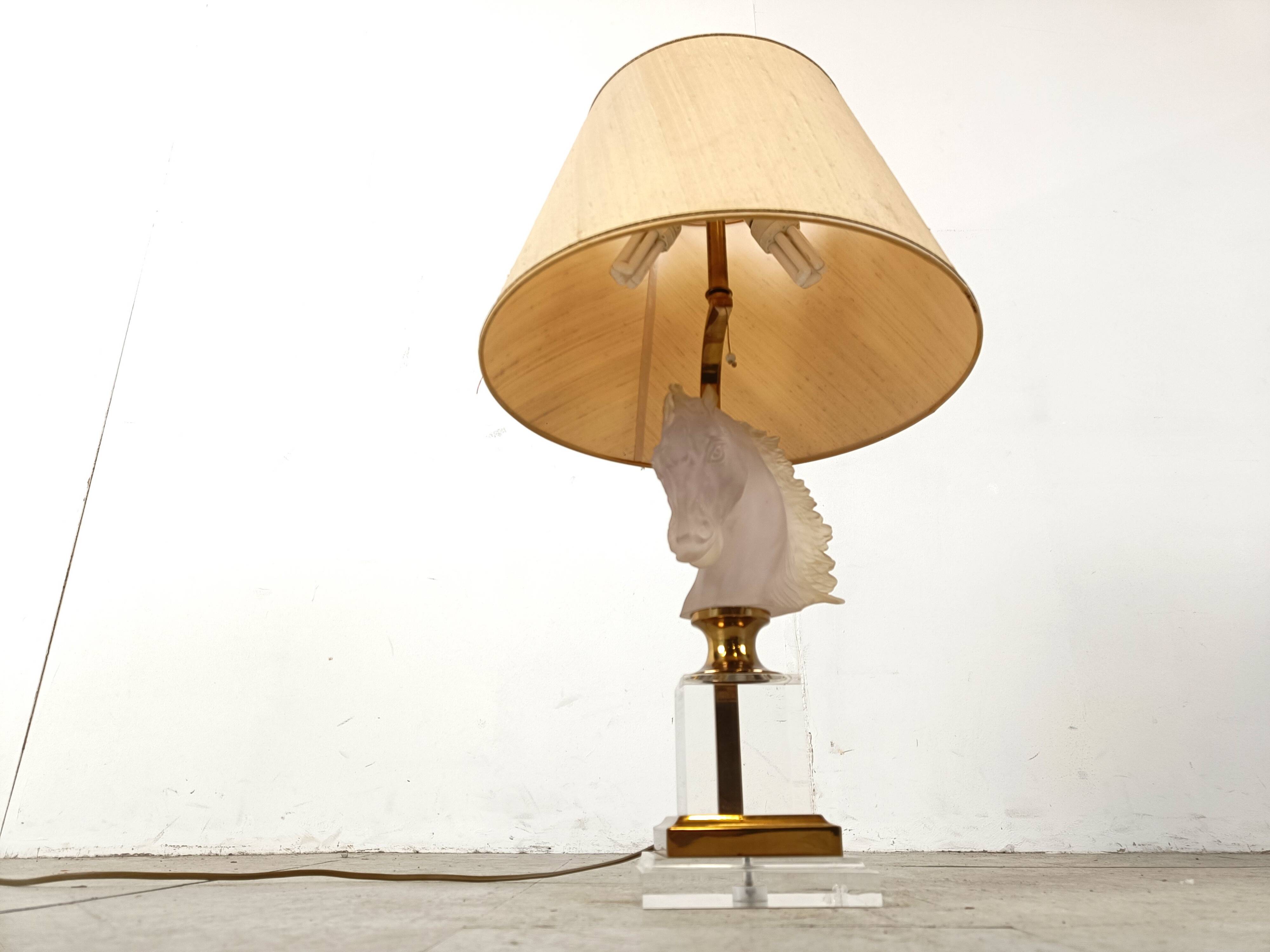 Brass and glass horse head table lamp, 1970s France