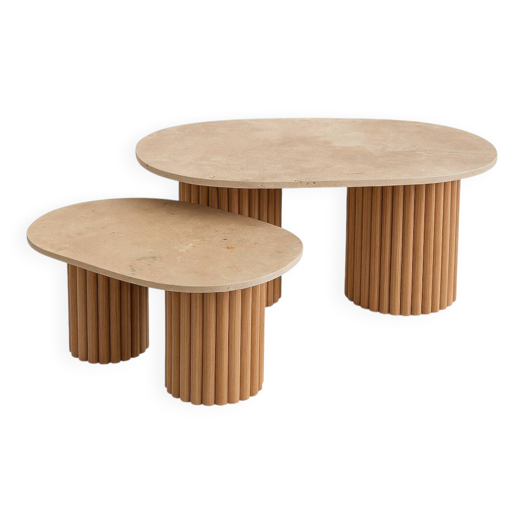 Oval coffee table duo travertine and raw fluted wooden legs.