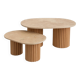 Oval coffee table duo travertine and raw fluted wooden legs.
