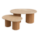 Oval coffee table duo travertine and raw fluted wooden legs.