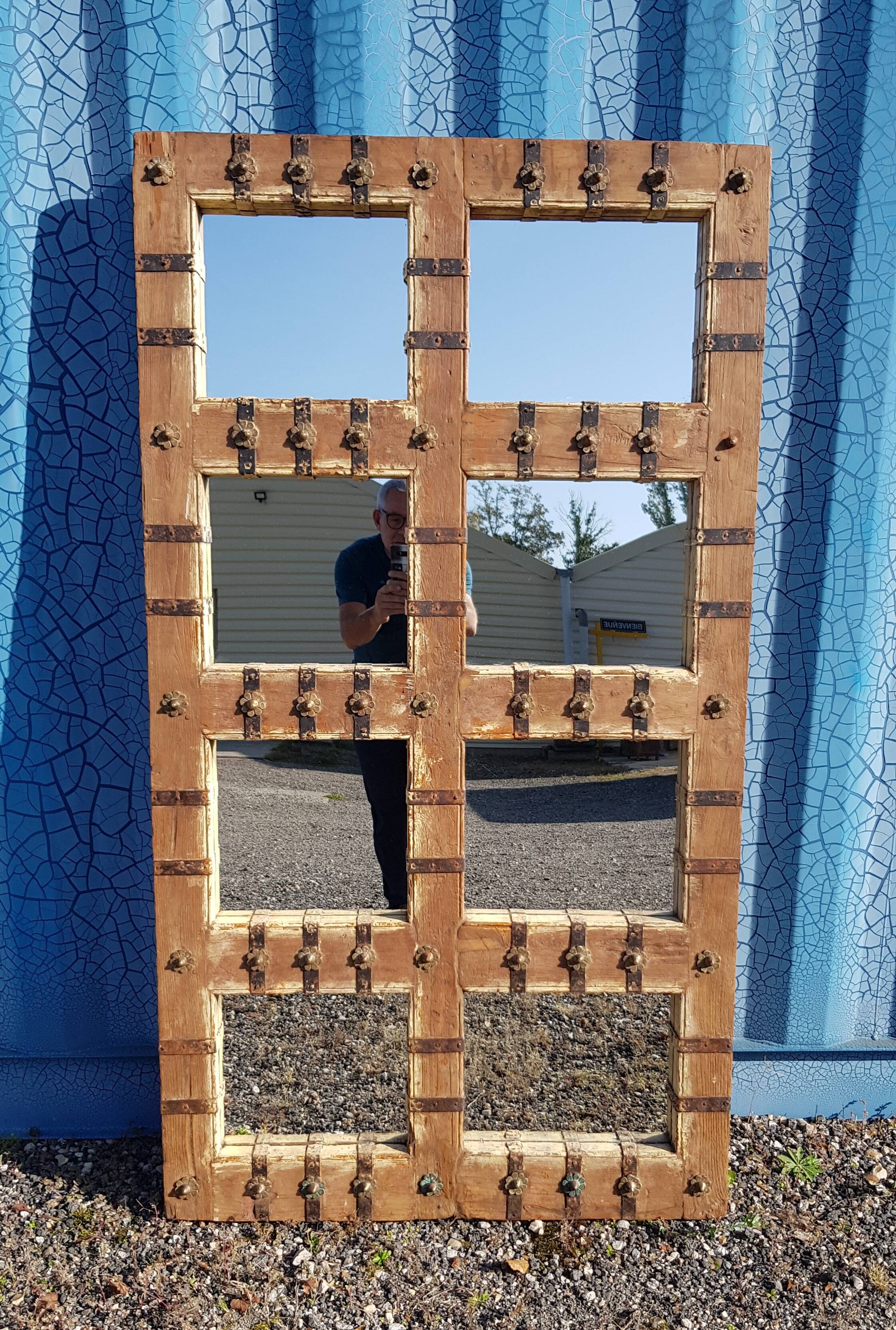 Old Burmese teak mirror with copper fittings