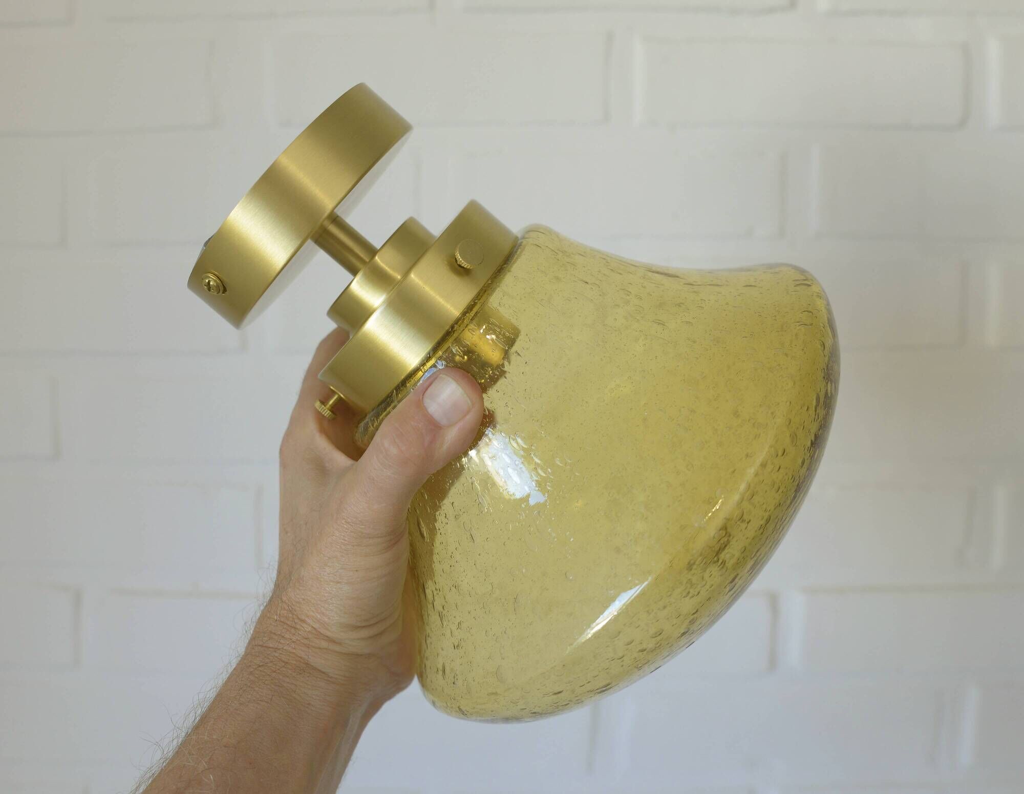Amber Bubble Glass Ceiling Light, Brass Semi Flush Mount, Mushroom Lamp