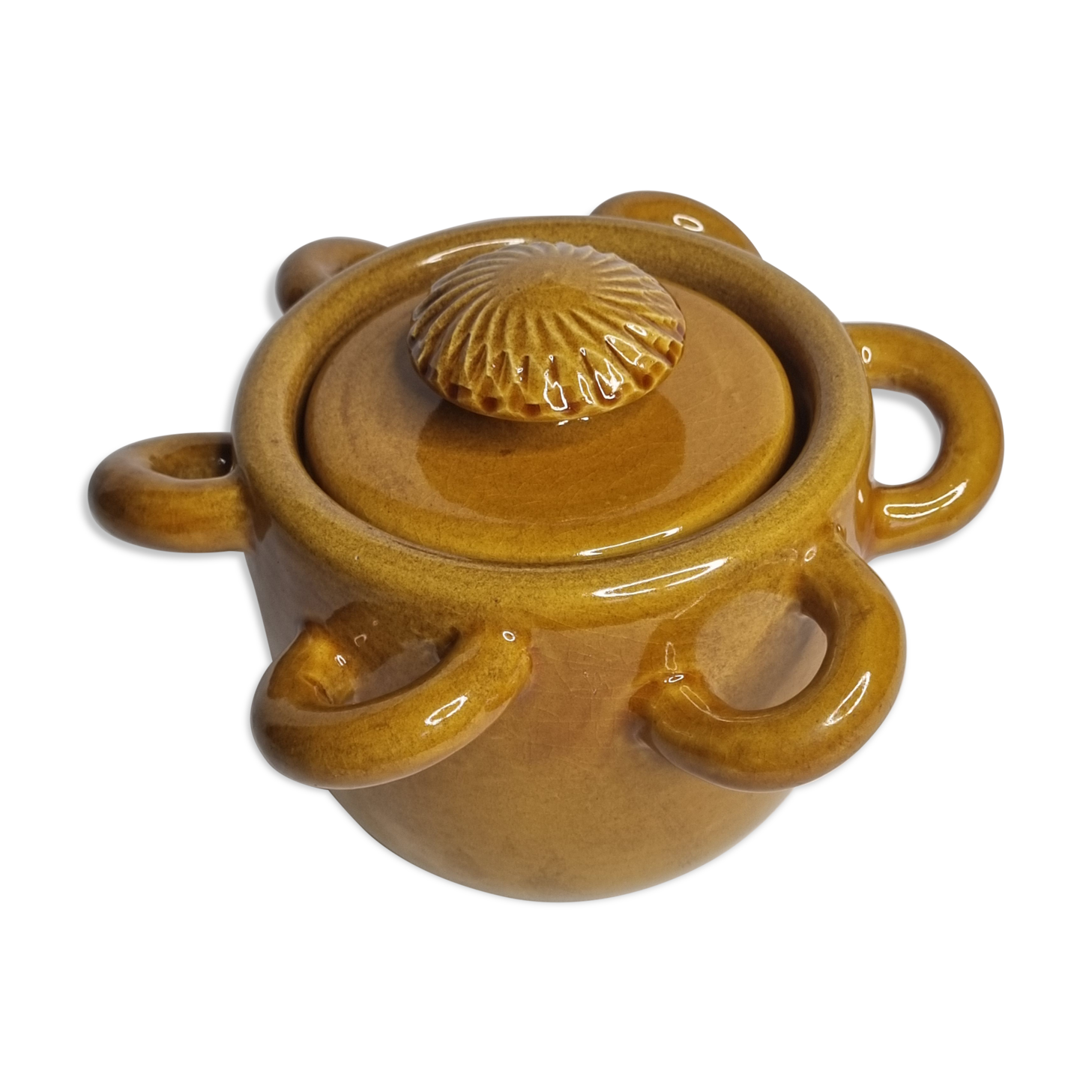 Vintage ceramic pot, ochre, with 8 handles