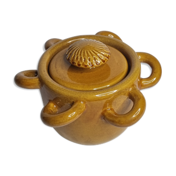 Vintage ceramic pot, ochre, with 8 handles