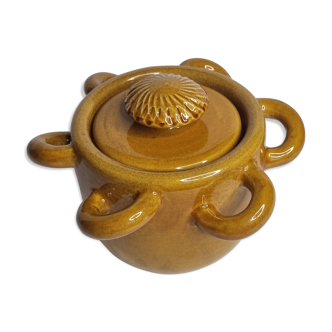 Vintage ceramic pot, ochre, with 8 handles