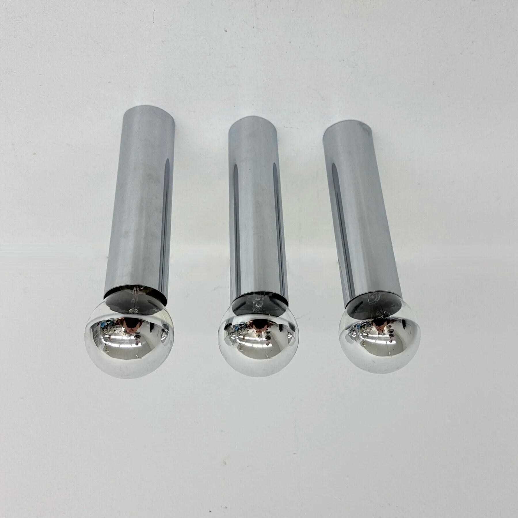 Set of 3 minimalist chrome tube ceiling / wall lamps, 1970s