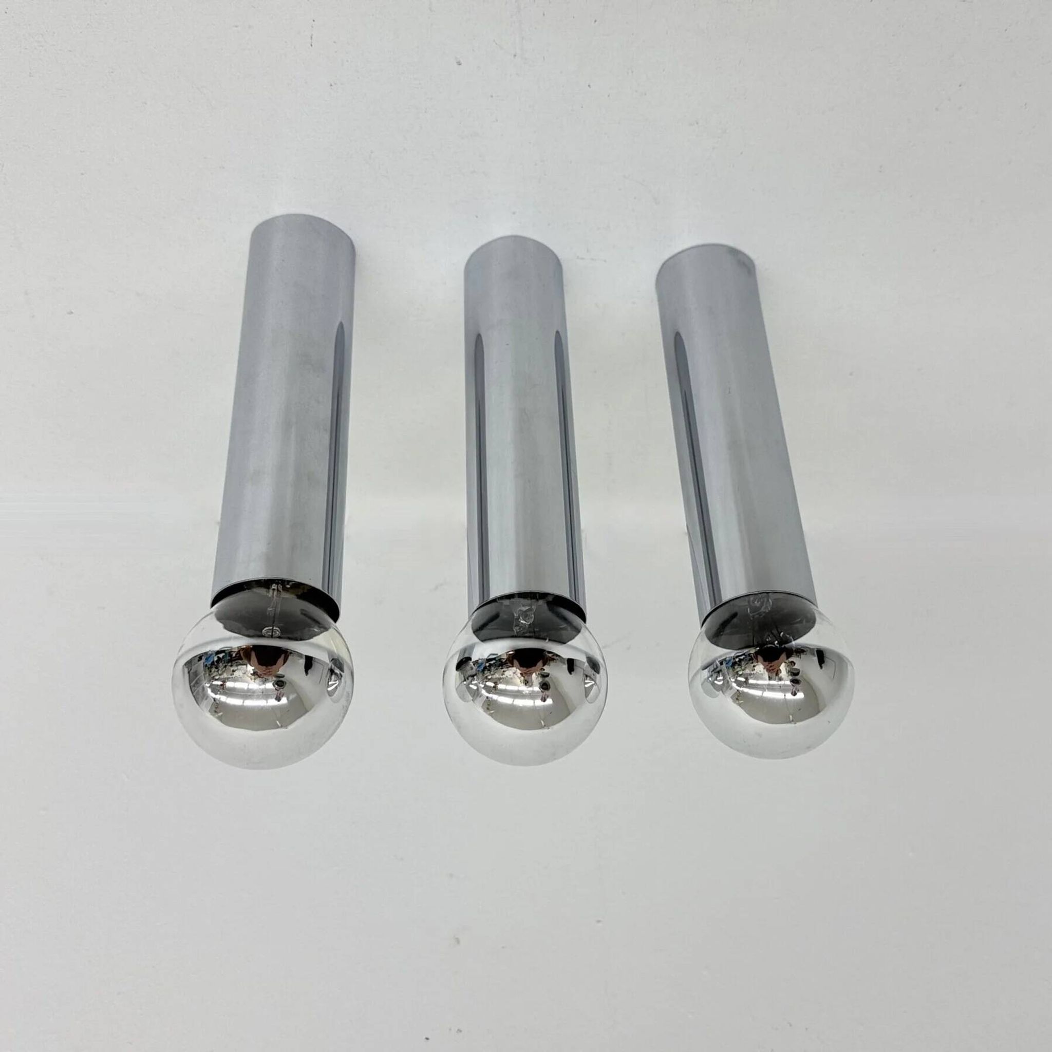 Set of 3 minimalist chrome tube ceiling / wall lamps, 1970s