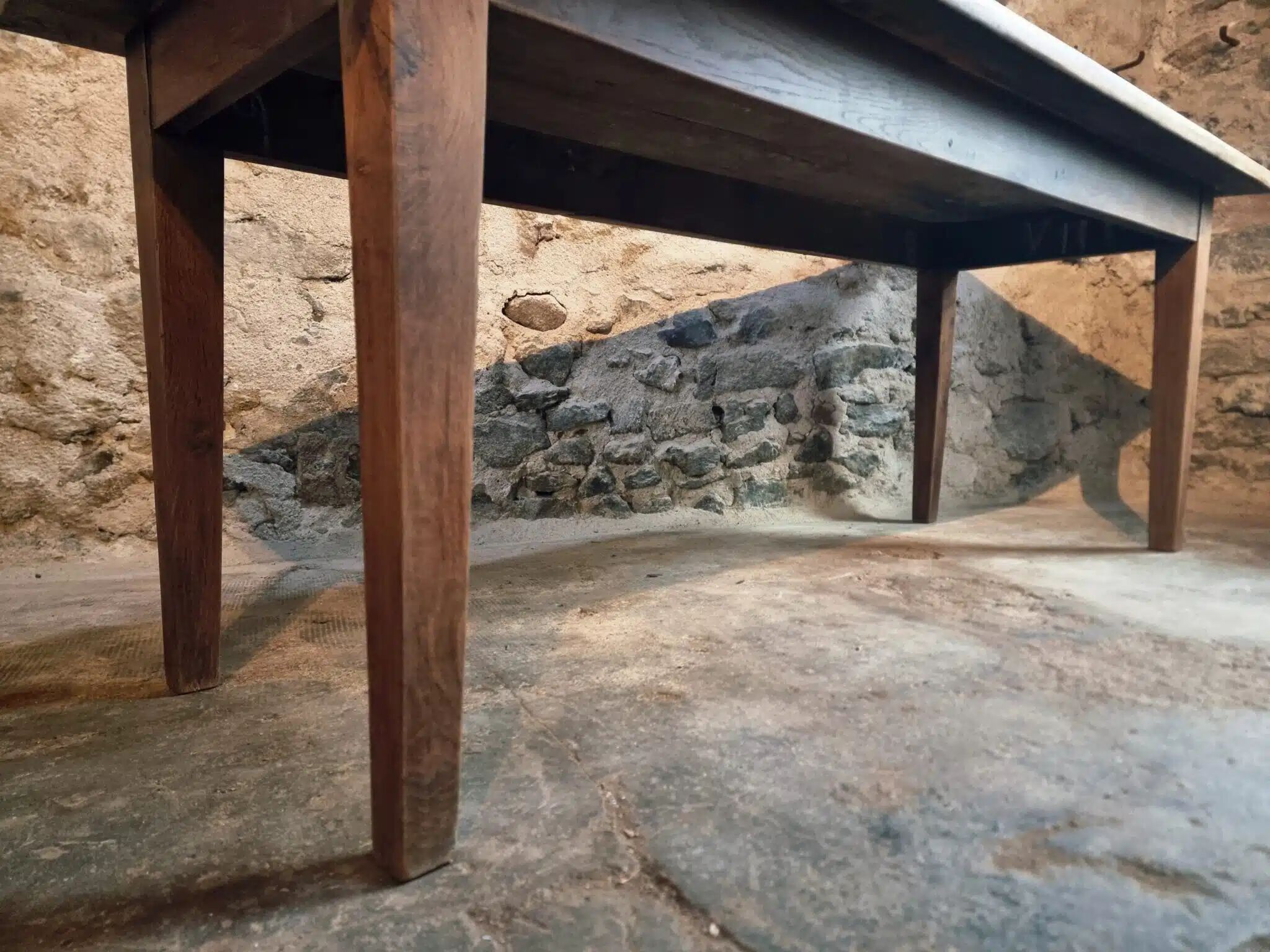 Antique French country dining table – Oak base and pine top, circa 1900