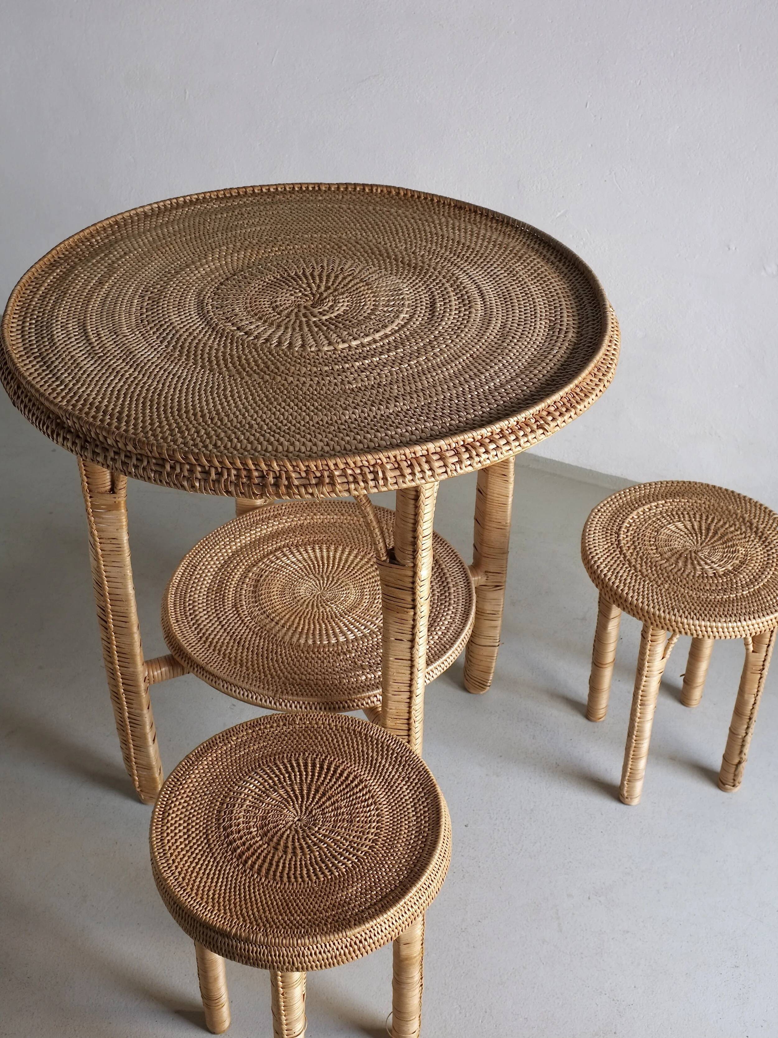 Vintage woven wicker table set | 1980s