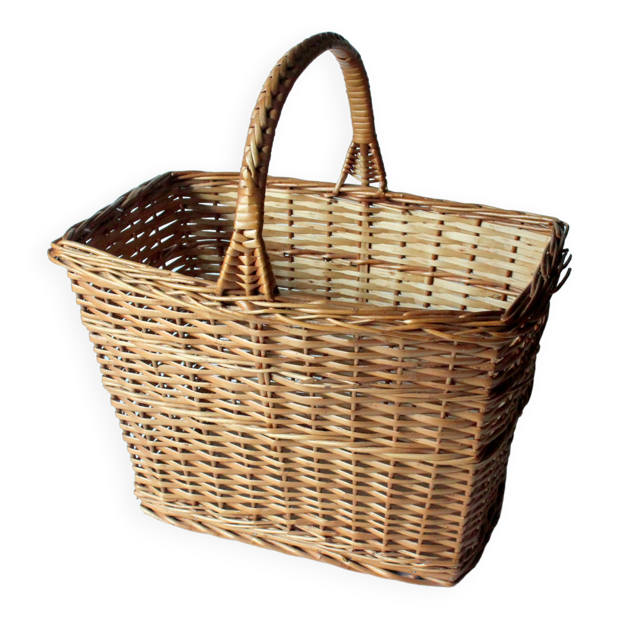 Panier en osier avec fond en bois tressé fait main vintage des années 1970