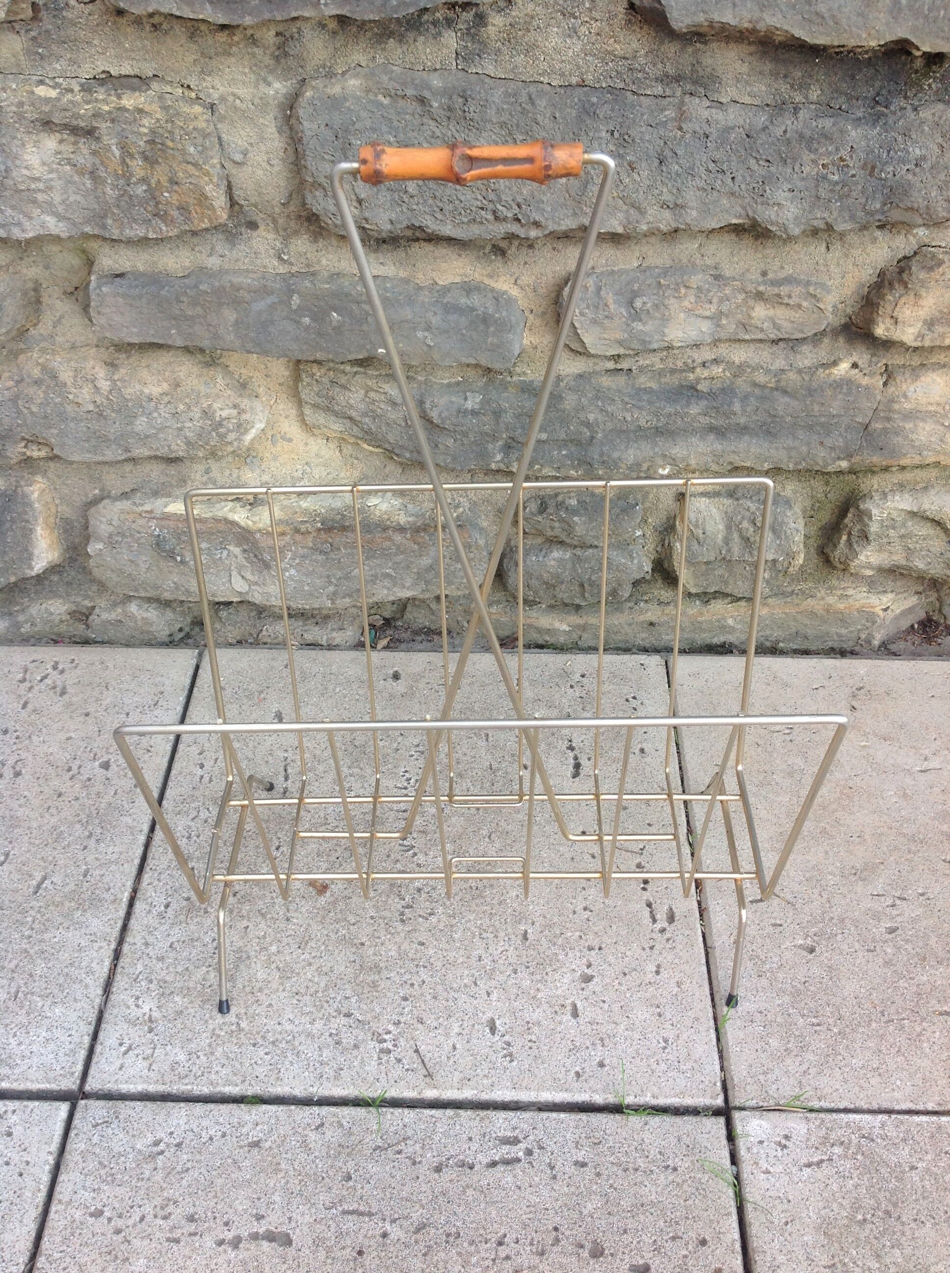 Vintage gold metal magazine door and bamboo handle / vintage 60s-70s