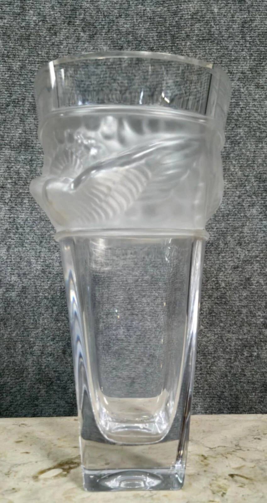 PORTIEUX: signed vase with square neck in pressed, satin-finished, matte white crystal