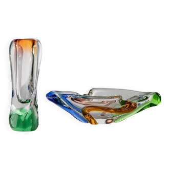 Vintage Rhapsody Glass Bowl and Vase in Clear Glass with Multicolored Inclusions Blue Amber Green 1960s Zemek for Mstisov
