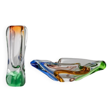 Vintage Rhapsody Glass Bowl and Vase in Clear Glass with Multicolored Inclusions Blue Amber Green 1960s Zemek for Mstisov