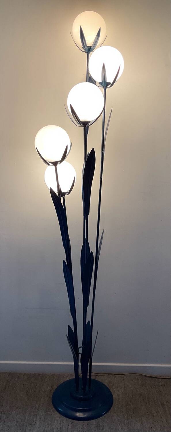 Vintage floor lamp 5 lamps in opaline and blue metal