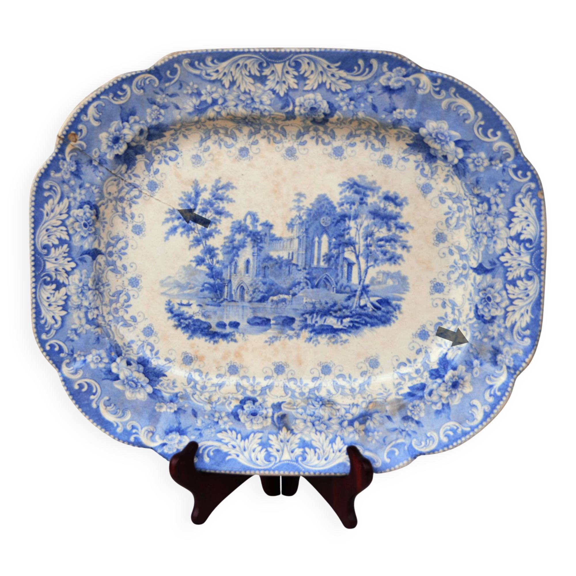 Large Decorative Platter Blue Transferware with Abbey Ruin early 19th C.