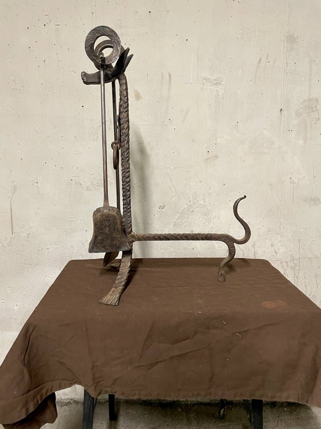 Brutalist folk art fireplace utensil holder