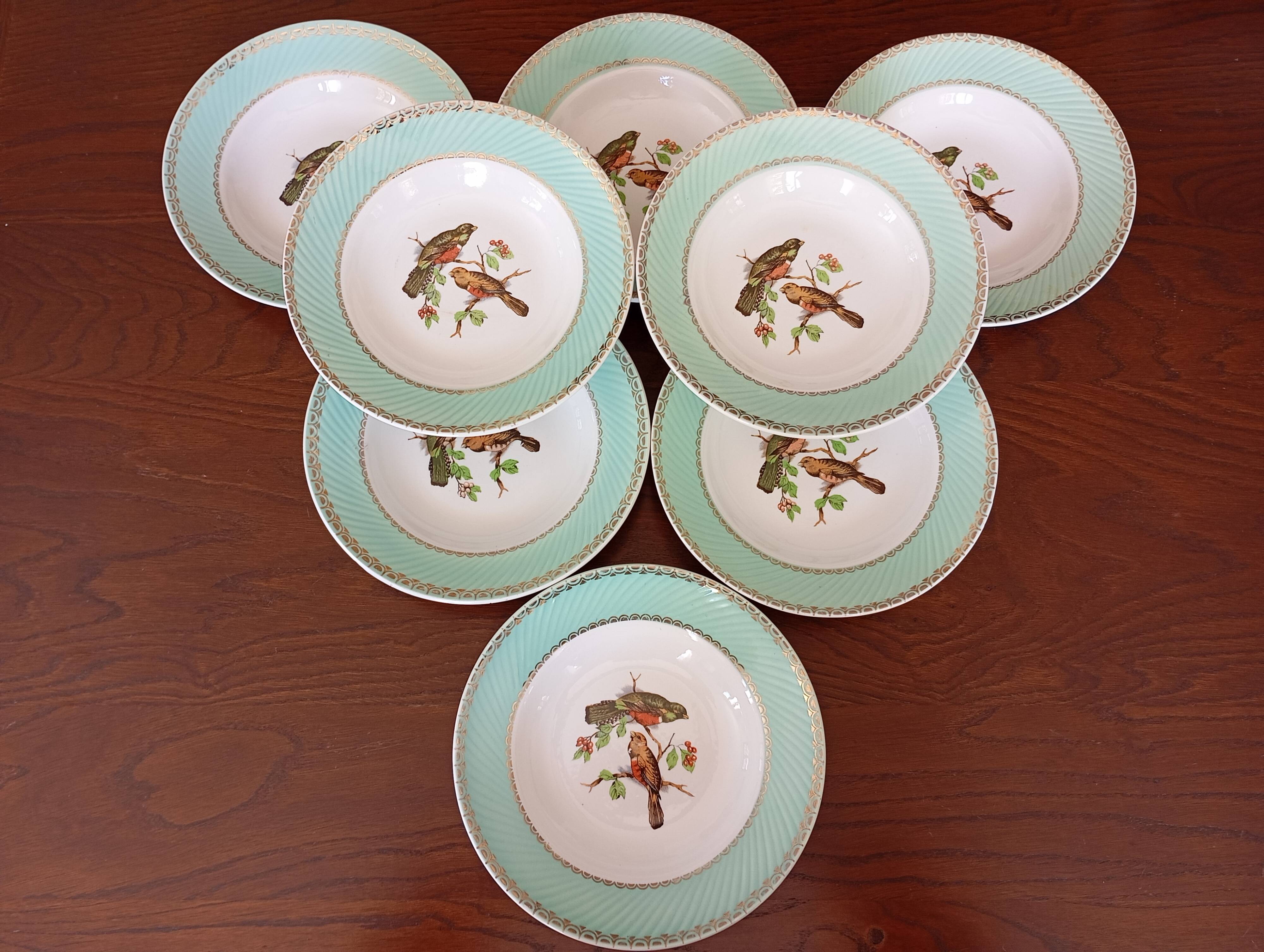 8 soup plates Fenal Badonviller "Birds" vintage 1950s