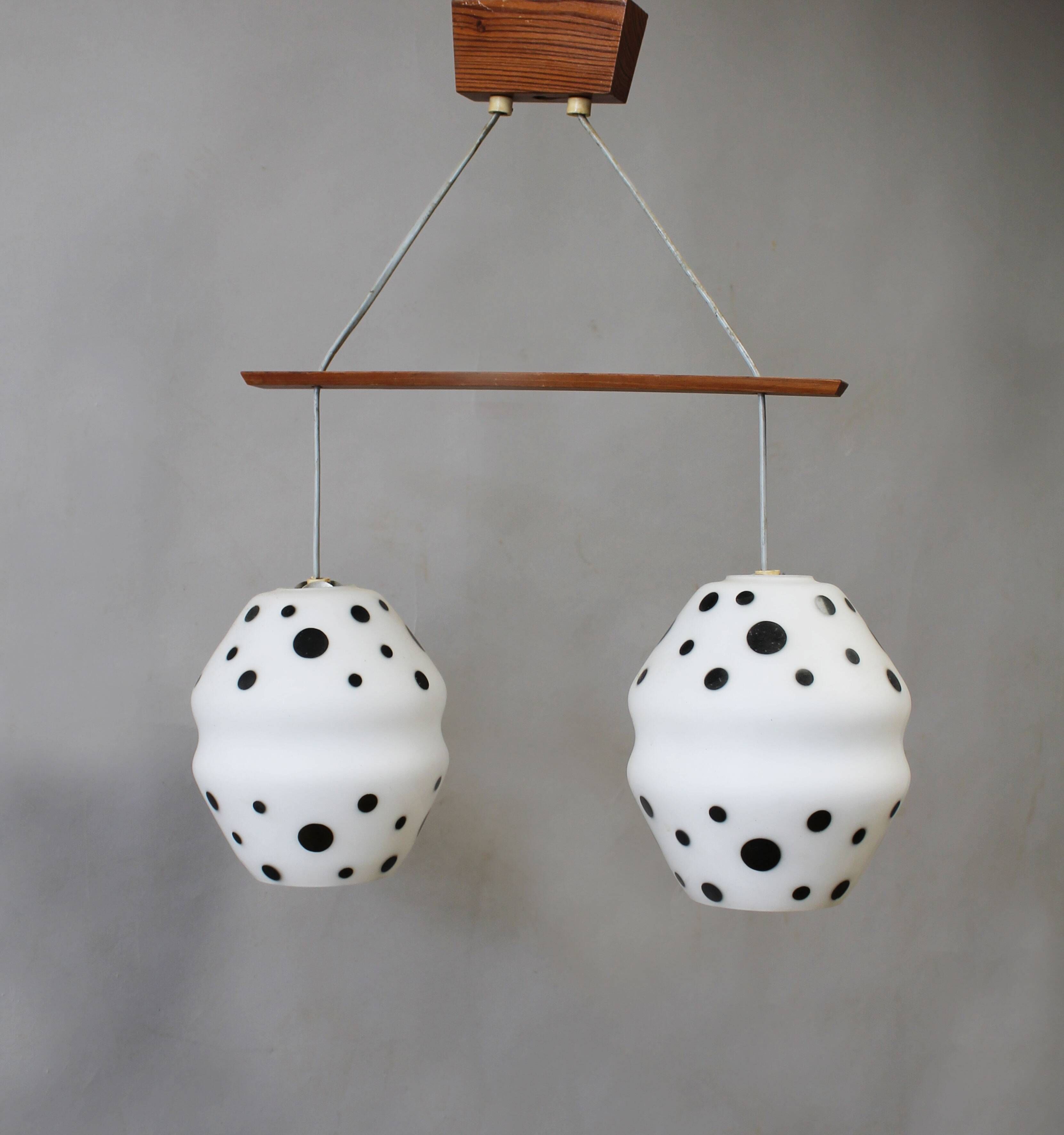 Vintage 1960s Czech Double Pendant Light with Black & White Opaline Glass