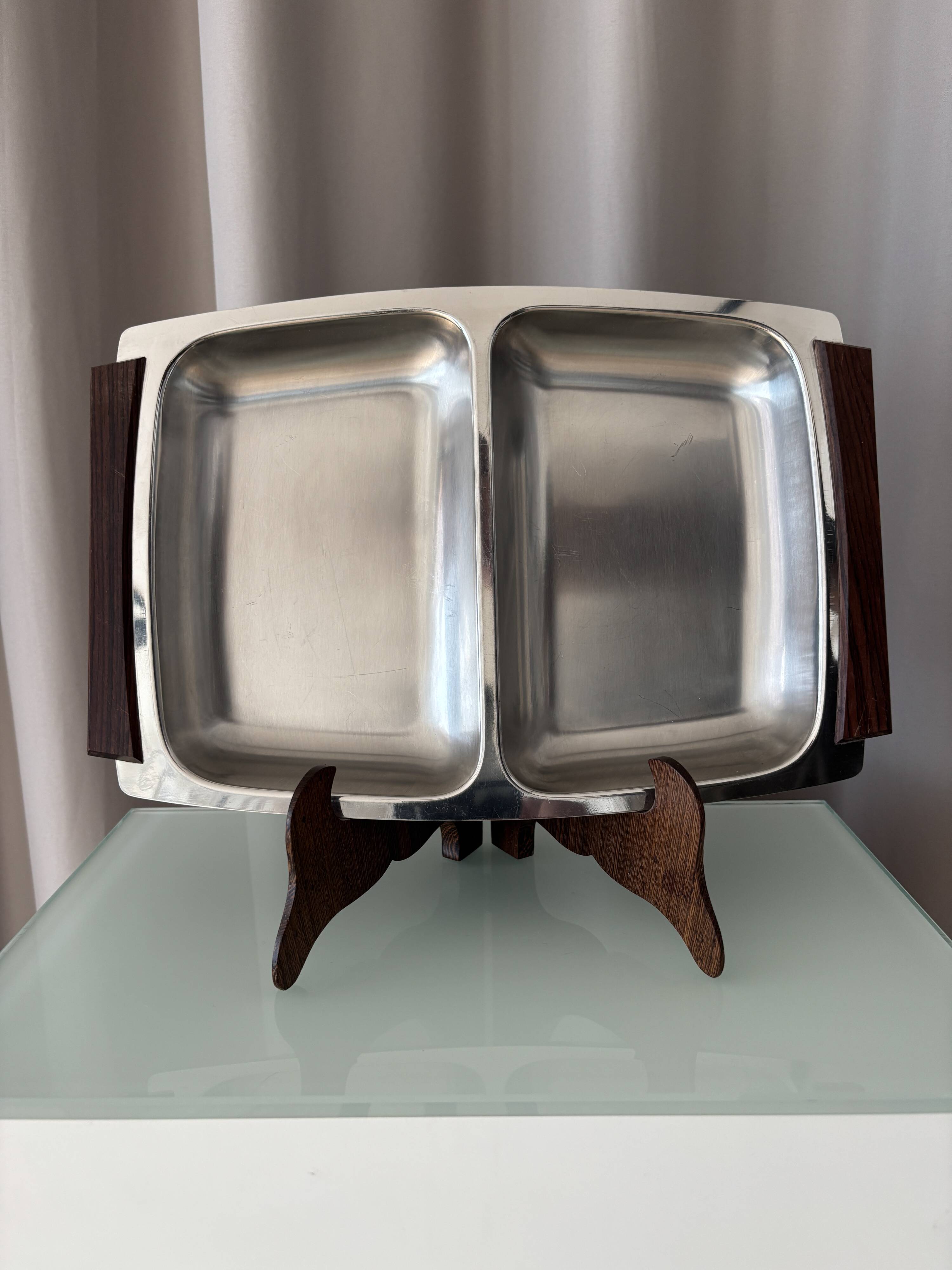 Plateau de service divisé en acier inoxydable vintage avec poignées en bois de rose | Hong K