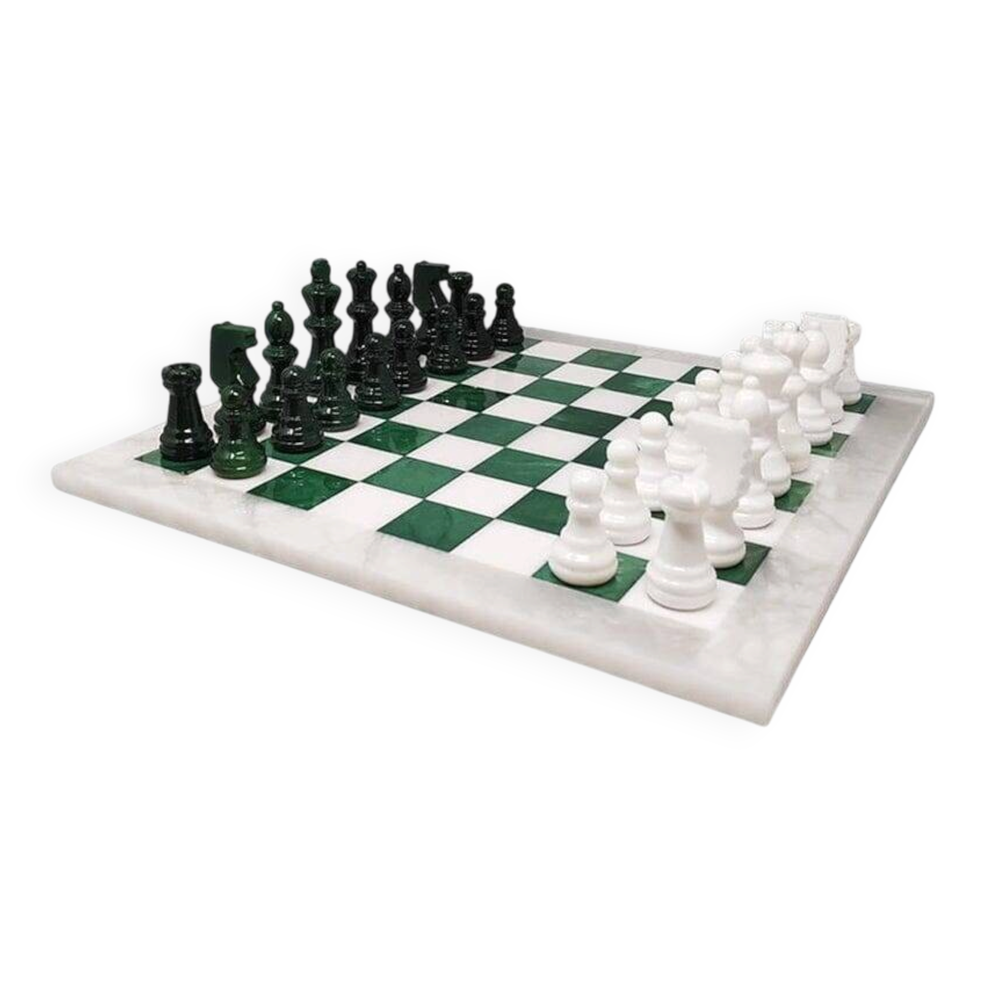 1970s Italian Volterra Alabaster Chess Set in Rare Forest Green and White
