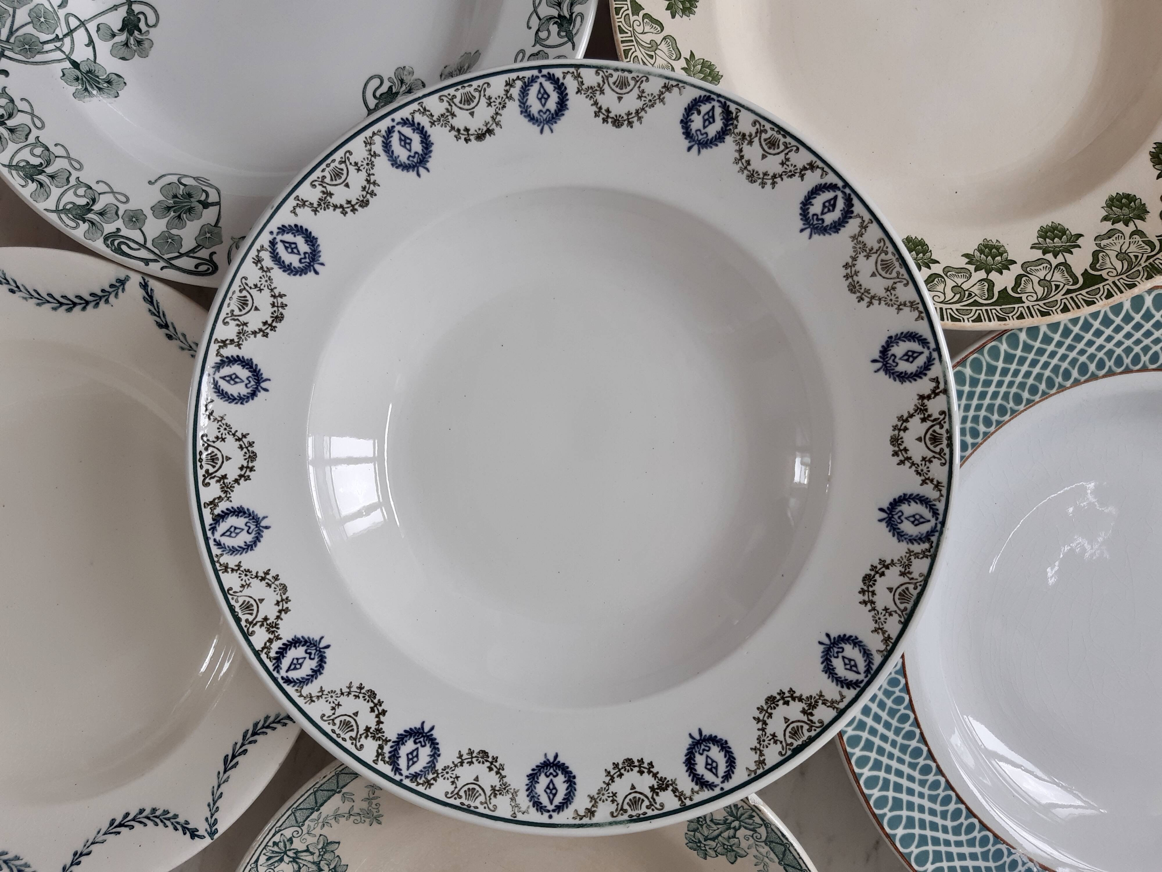 Set of 6 mismatched green hollow plates St Amand, Badonvillier, Salins and Bosch