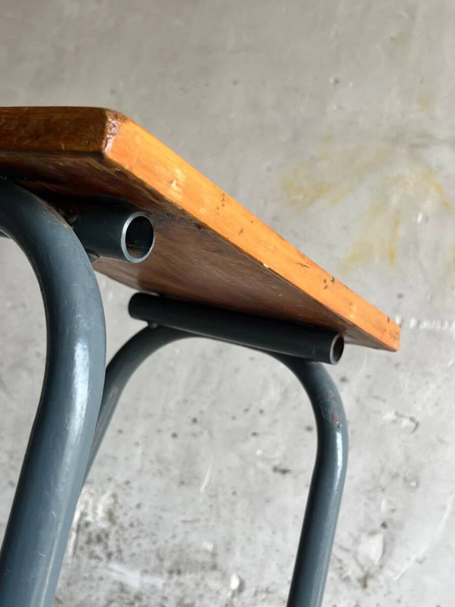 Upcycled industrial laboratory stool, black/grey metal frame with natural wood seat, mid-20th century
