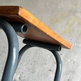 Upcycled industrial laboratory stool, black/grey metal frame with natural wood seat, mid-20th century