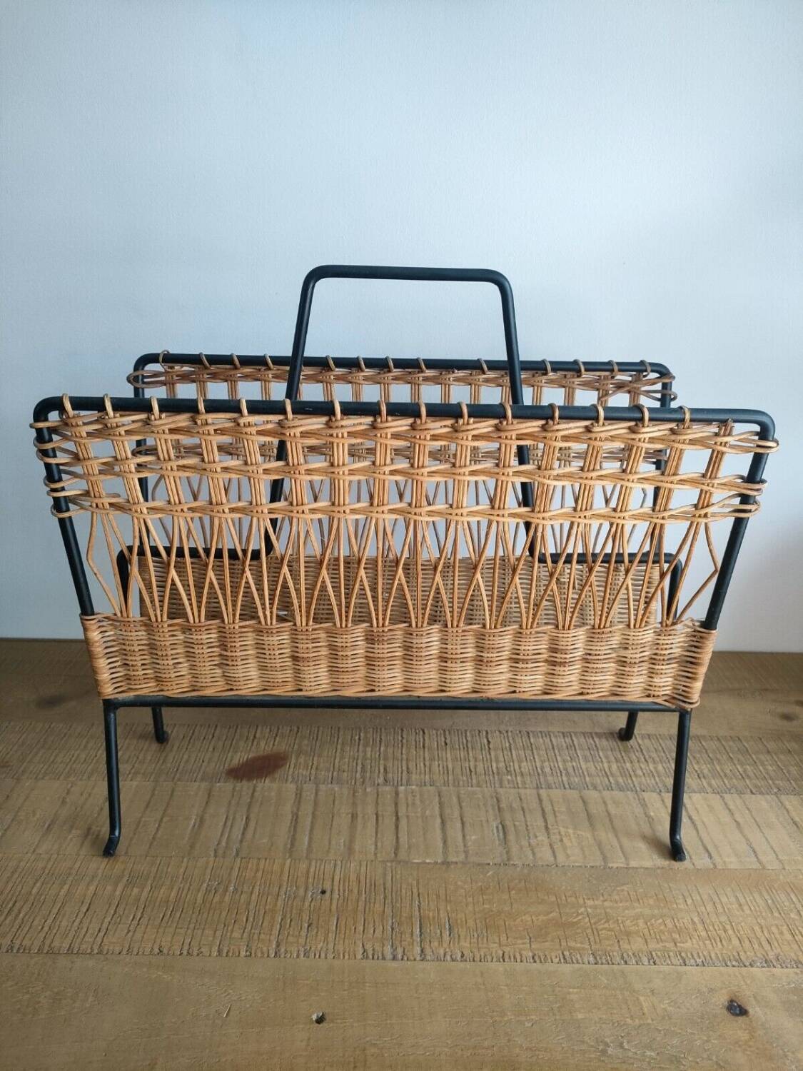 Iron and Rattan Magazine Rack - 1960s - Vintage