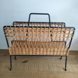 Iron and Rattan Magazine Rack - 1960s - Vintage