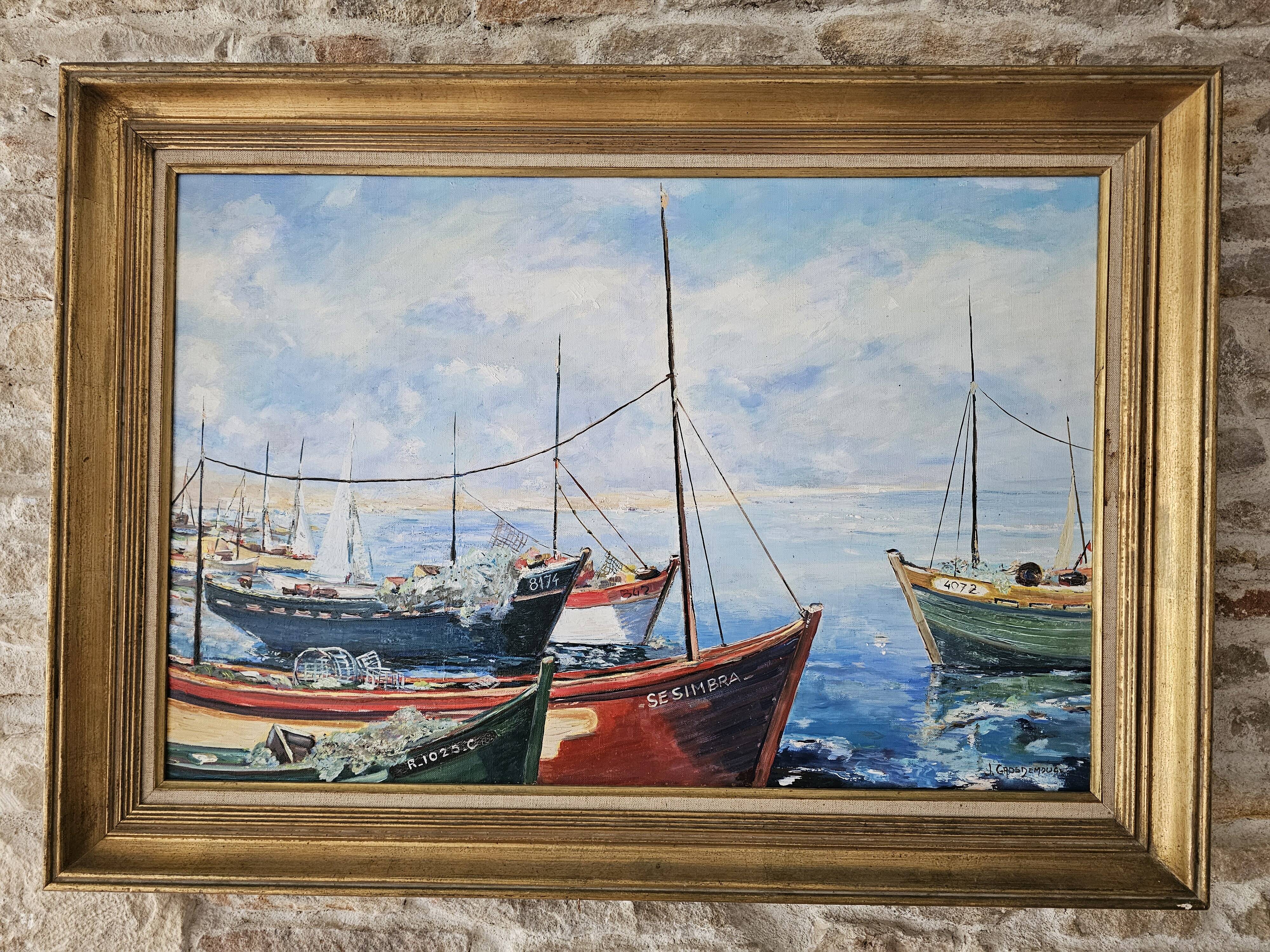 Oil on Canvas Landscape Marine Sailboats The Port Signed J Grosdemouge
