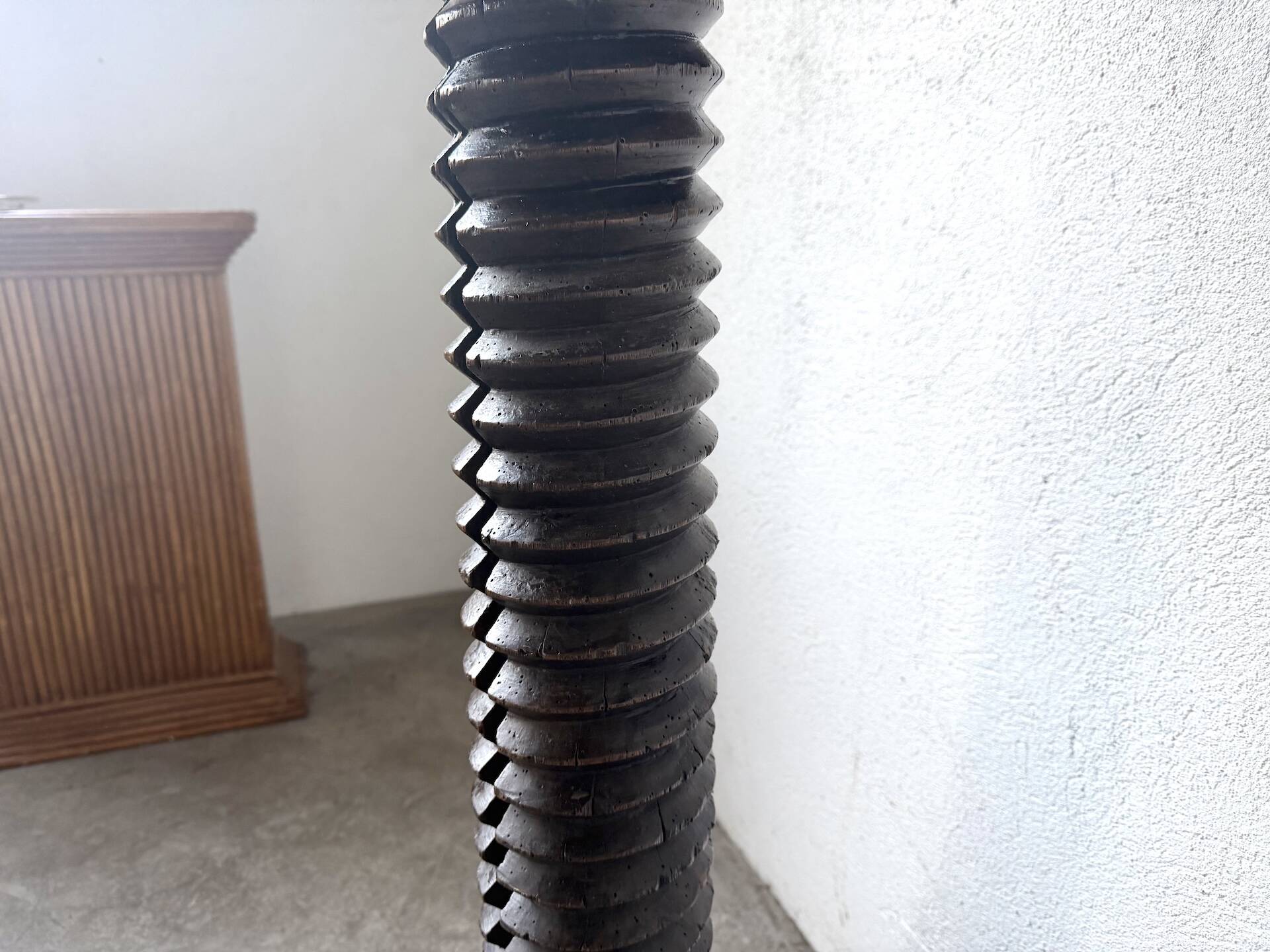 Solid oak press stool, metal base, 19th century.