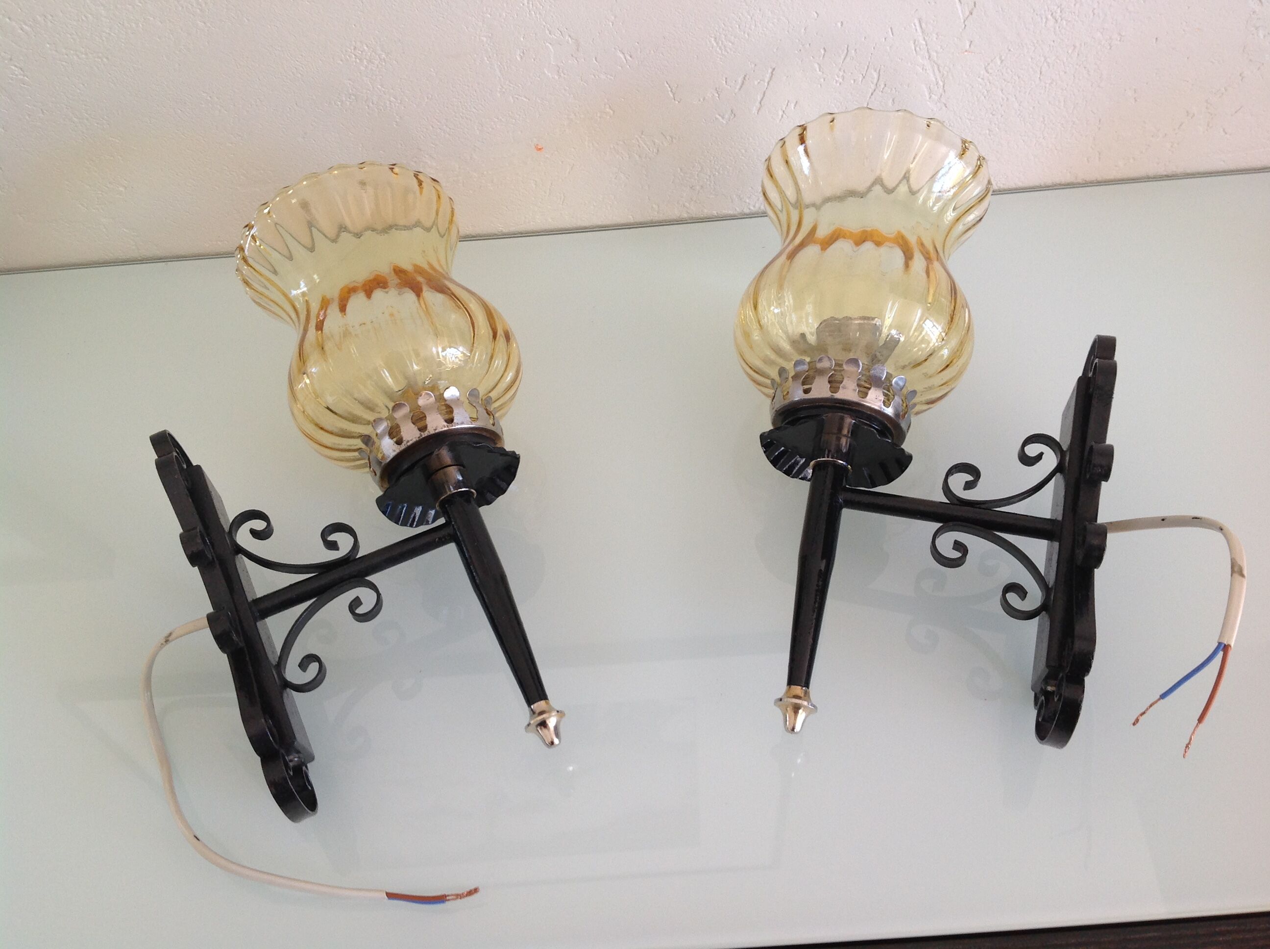 Pair of vintage iron and smoked glass