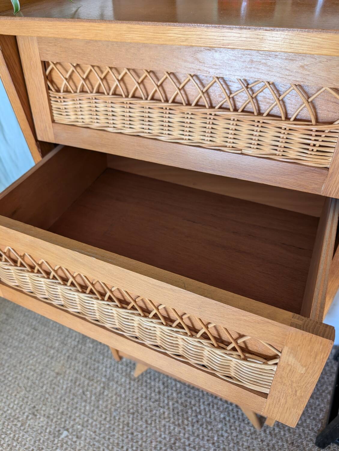 Vintage oak and rattan chiffonier