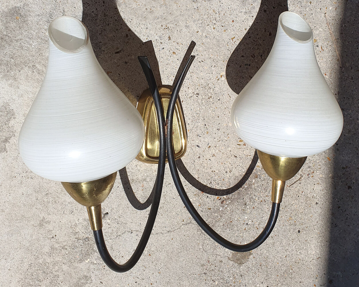 Pair vintage sconces, brass, steel and opaline 1950