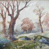 Watercolor painting signed A. Jaffoux "Landscape of undergrowth" with frame