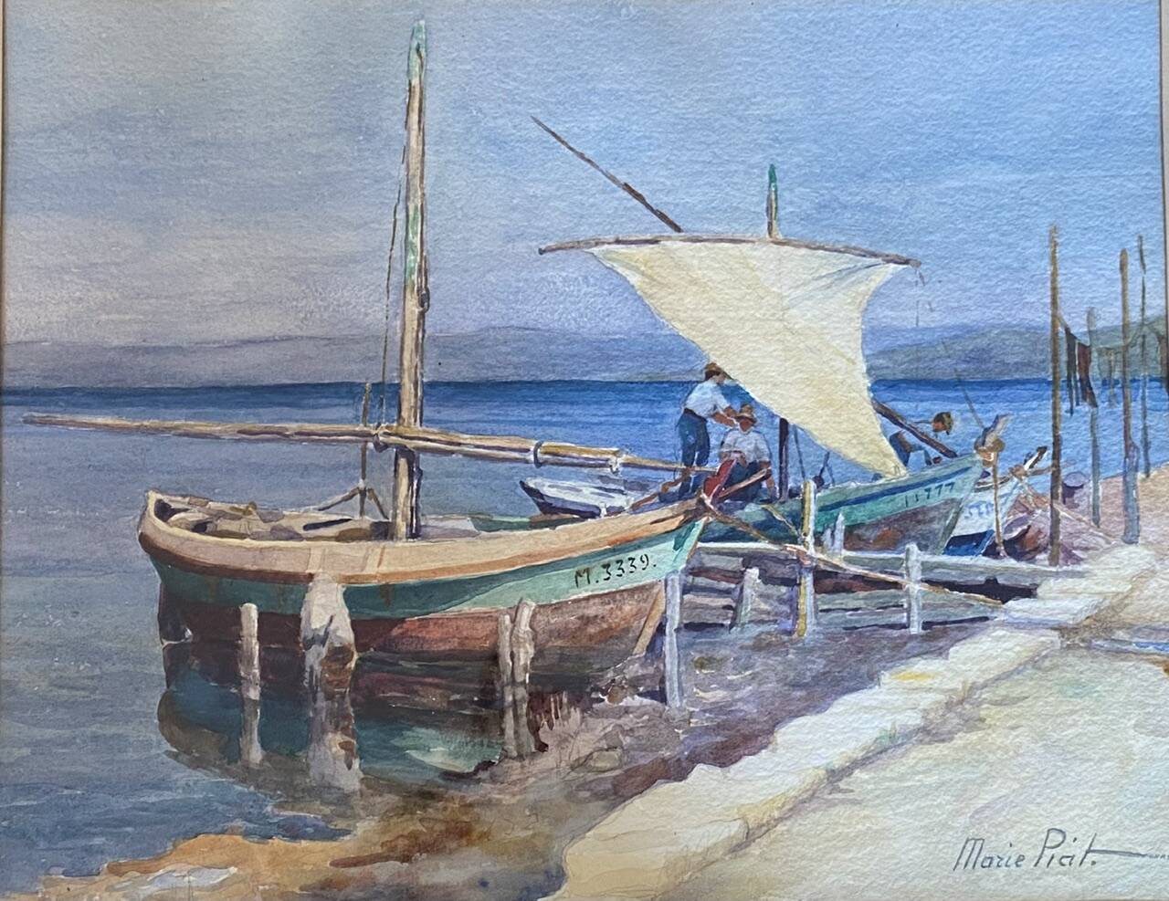 Old painting "Marine with boats" signed Marie Piat, 1930s-40s