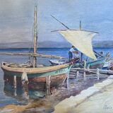 Old painting "Marine with boats" signed Marie Piat, 1930s-40s