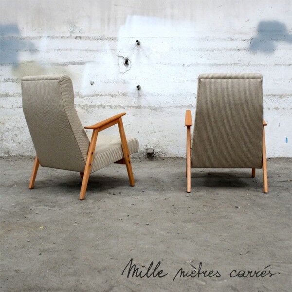 Fauteuil vintage des années 60 entièrement rénové (bois, tissu, garniture)