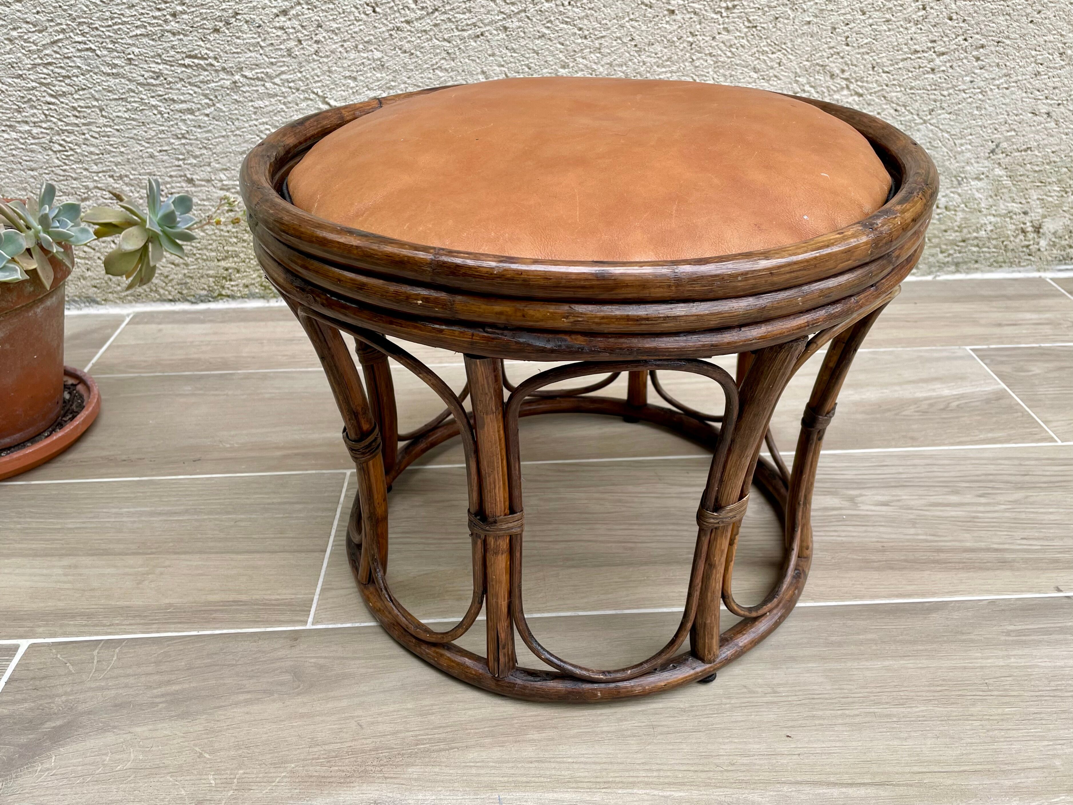 Pouf vintage rotin et cuir
