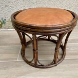 Vintage rattan and leather pouf