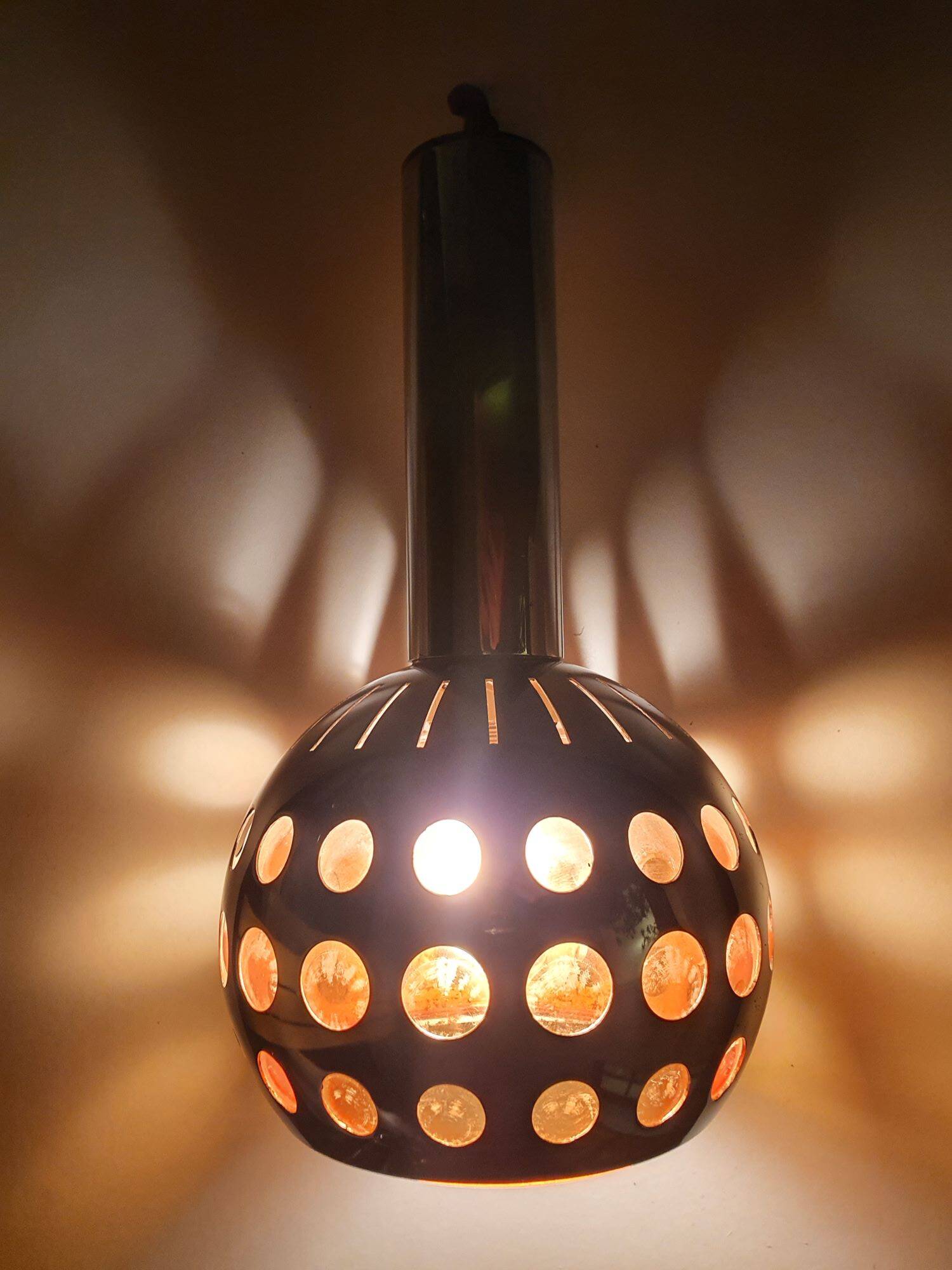 Raak three-light space age orange pendant lamp, 1970s, Netherlands