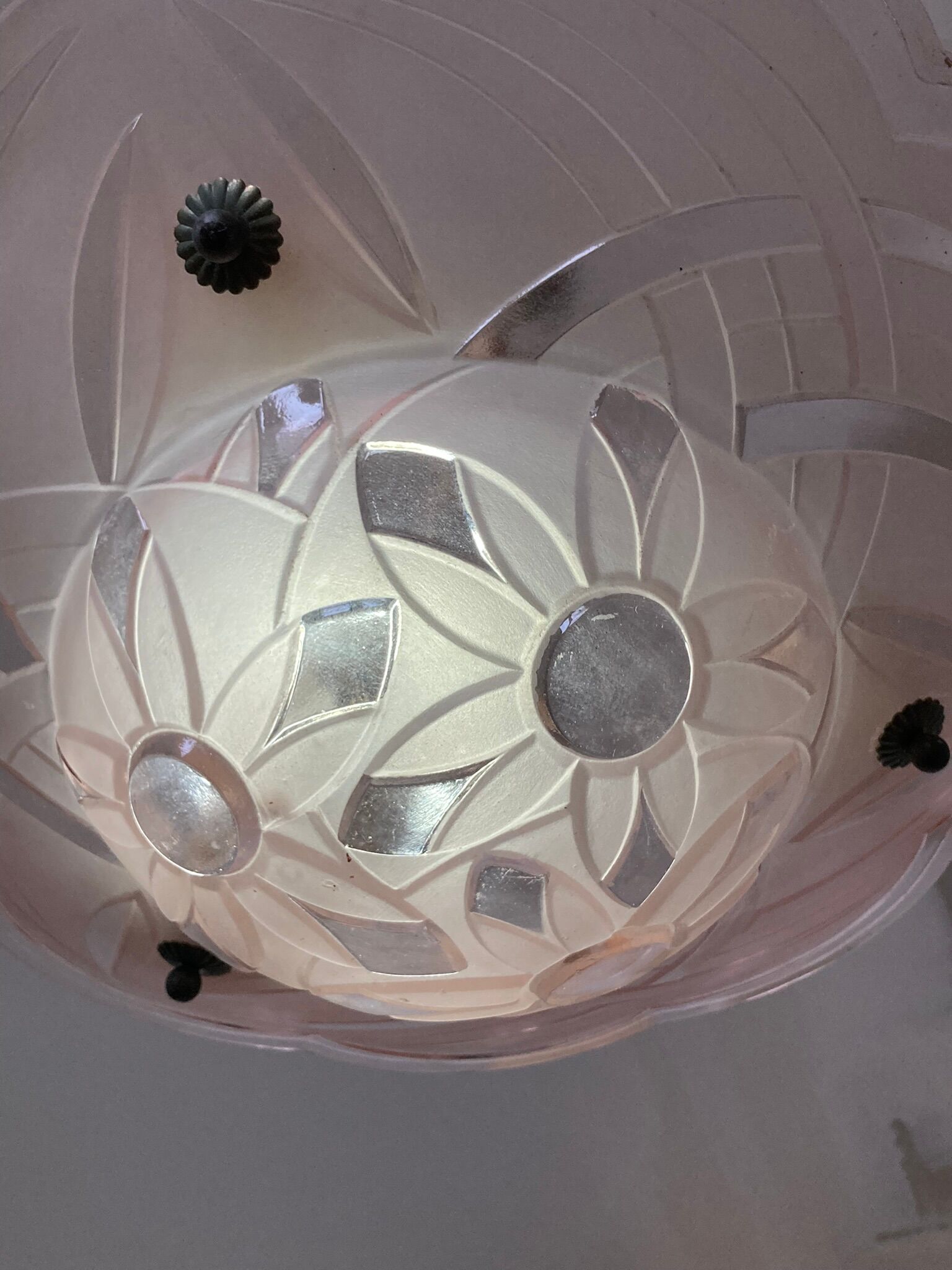 Art deco pink glass ceiling chandelier signed <Degue around 1930