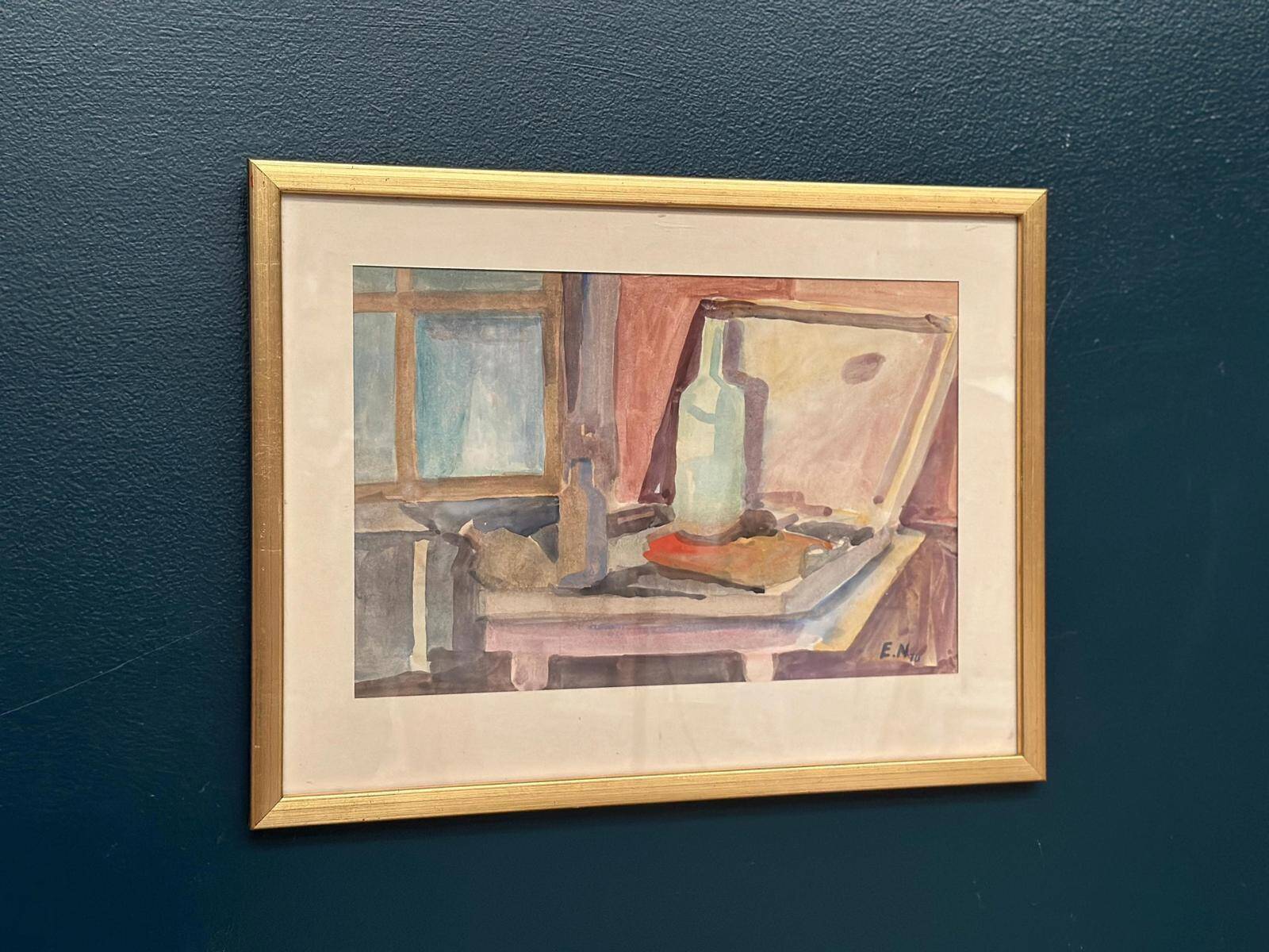 Original Swedish Watercolour On Paper – “Bottle And Window” By Eli Nybo – Dated 1976 – Vintage & Framed