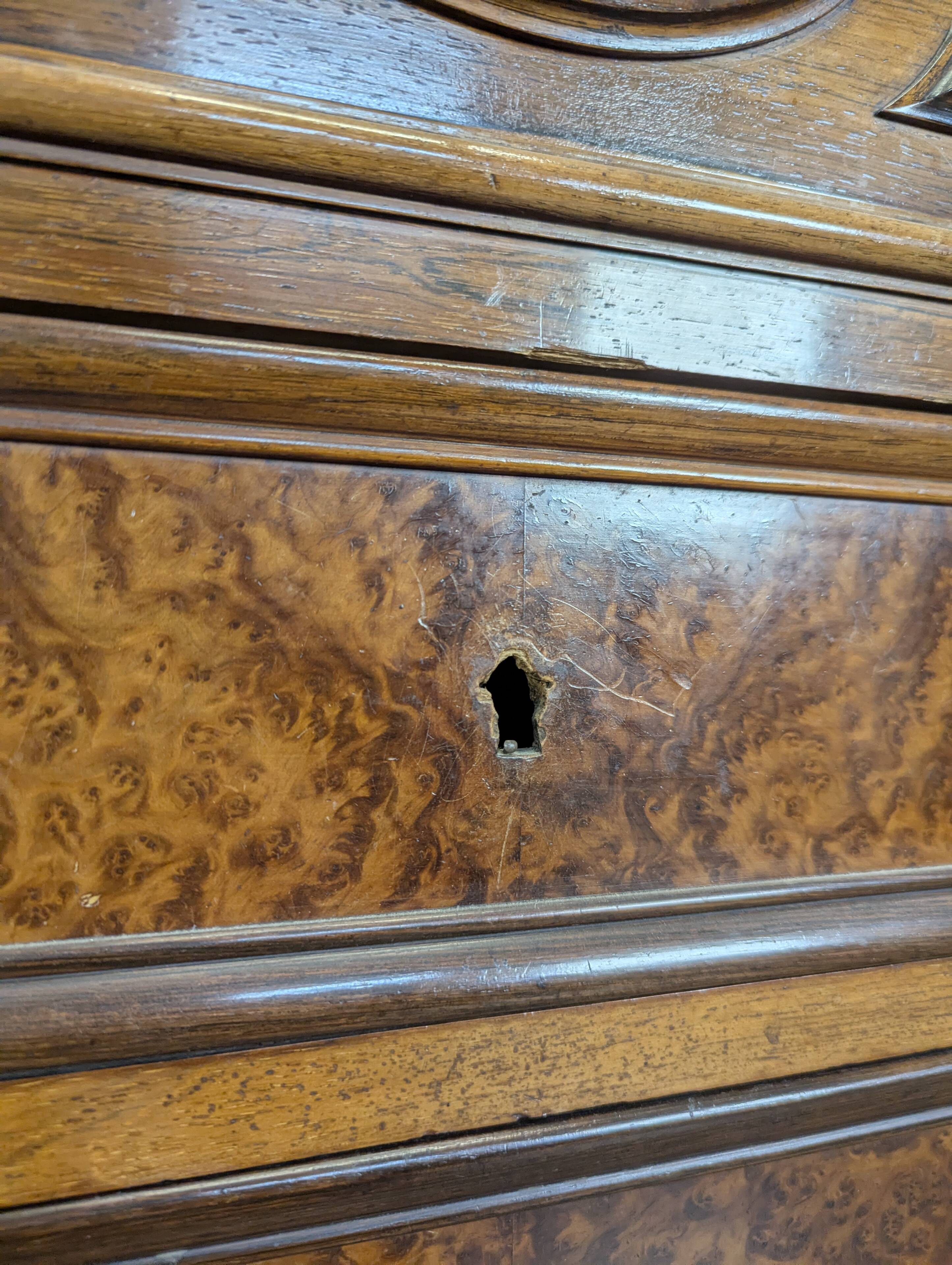 Elm burl and rosewood secretary chest of drawers