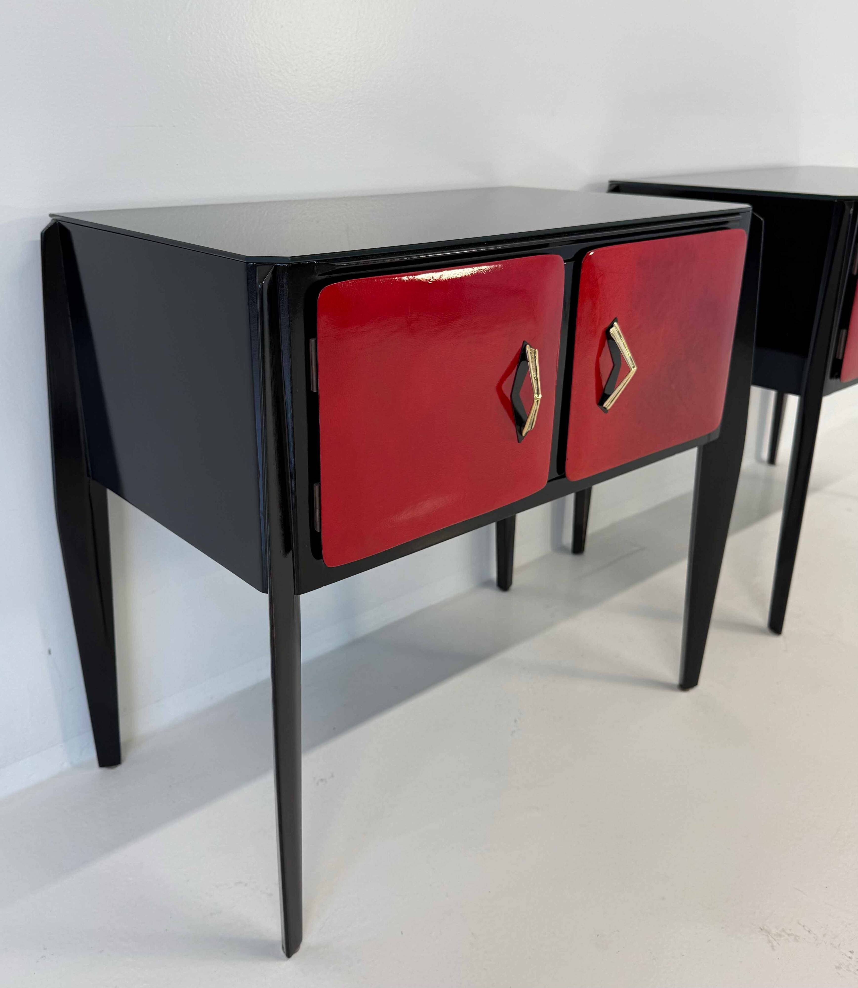Italian Art Deco Cherry Red Parchment and Black Nightstands, 1950s