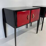 Italian Art Deco Cherry Red Parchment and Black Nightstands, 1950s